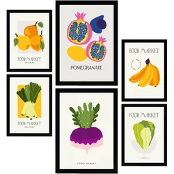 POSTER Set Mit 6 Lebensmittel Und Ernährungs Früchte Und Gemüse Natur Und Botanikdrucke Für Innenarchitektur A3 & A4 Schwarzer Rahmen
