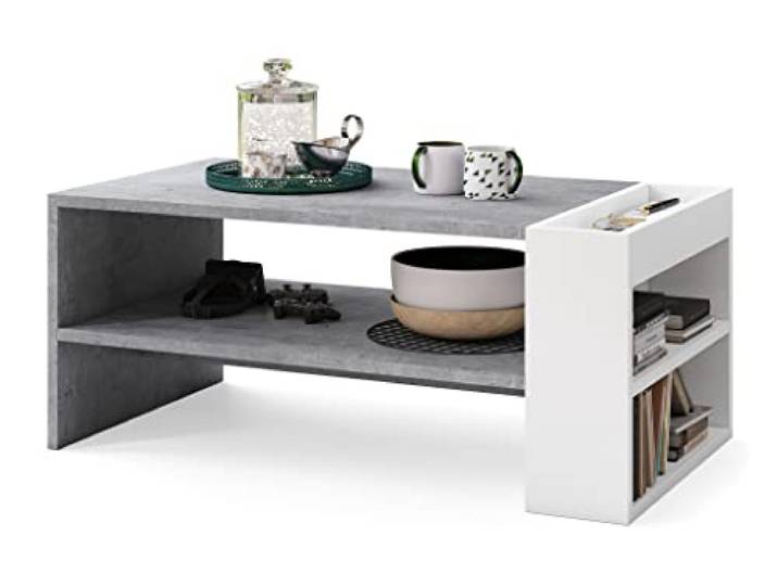 designimpex Design Couchtisch Nefri Tisch Wohnzimmertisch mit Ablagefläche, Farbe:Beton - Weiß matt