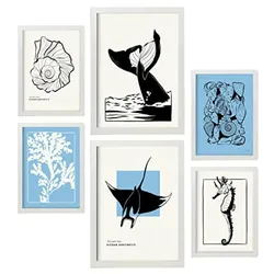 POSTER Set Mit 6 In Schwarzer Tinte Stachelrochen Und Wal Kunstdrucke Von Meer Und Ozean Für Innenarchitektur A3 & A4 Weißer Rahmen
