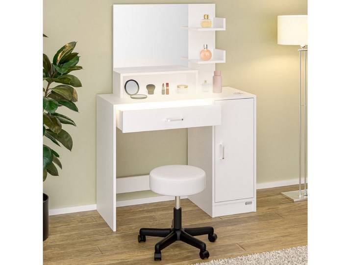 Casaria Schminktisch Jocelyn, mit Spiegel und Stuhl LED Schublade Schminkkommode 90x40cm Modern Weiß