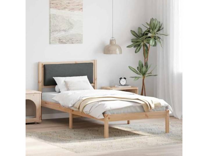 Massives Kiefernholz Minimalistisches Design Einzelbett Grau 90 x 190 cm Bettrahmen Dunkelgrau 90 x 190 cm Massives Kiefernholz Einzelbett Gestell mit Lattenrost und Polster Kopfteil stabil