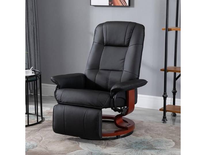 Fauteuil relax TV inclinable - Similicuir noir - Dossier inclinable 145° - Pivotant 360° - Repose-pieds manuel