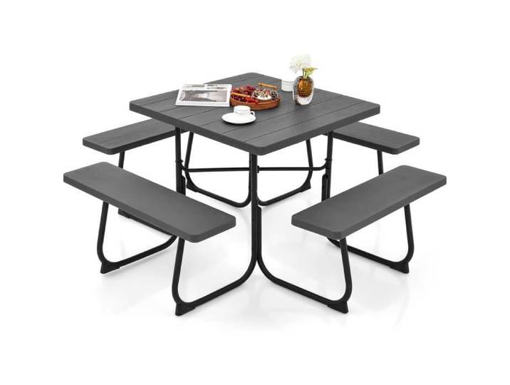 COSTWAY Table de Pique-Nique Ronde avec 4 Bancs pour 8 Personnes Trou pour Parasol Table de Camping pour Terrasse Jardin Noir