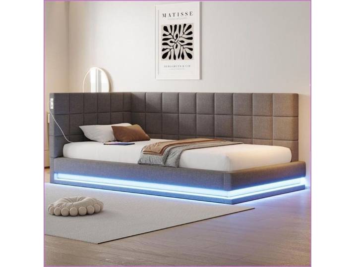 Lits Cadres & Socles - Lit Convertible Sofa-Bed - LED Chromatique USB Lattes Robustes - Lin - Gris