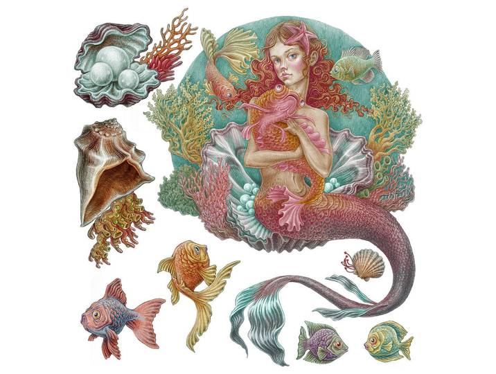 Wallfluent Wandaufkleber 100x99cm - Meerjungfrauen-Zeichentrickwelt, Mehrfarbig, Kunststoff, Rechteckig, 100x99x0.1 cm, Tapeten & Wandverkleidungen, Wandtattoos & Sticker, Wandtattoos