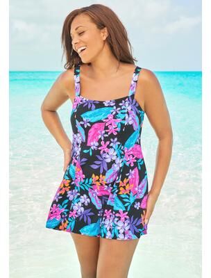 Plus Size Women's Princess-Seam Bandeau Tummy Control A-Line Swim Dress by Swim 365 in Paradise Floral (Size 10) Swimsuit