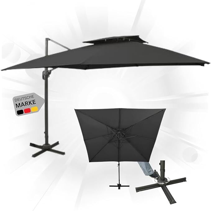 DELUKE Sonnenschirm rechteckig LOTI 300cm Schwarz | UV-Schutz, Kippbar, Kurbelsystem | Ampelschirm rechteckig Freiarm Sonnenschirm 300 cm Kurbelschirm Standschirm Sonnenschutz Gartenschirm