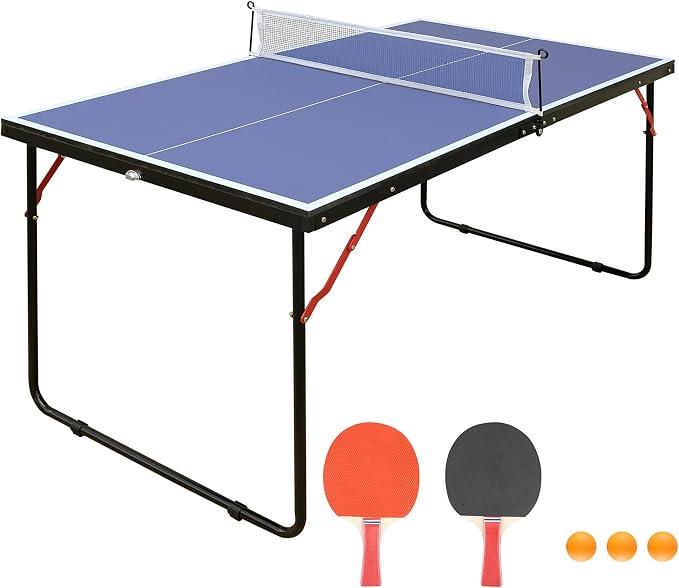 Tischtennisplatte mit Netz und Schläger-Set, klappbar, Indoor Outdoor, Blau, mit 2 Schlägern und Bällen