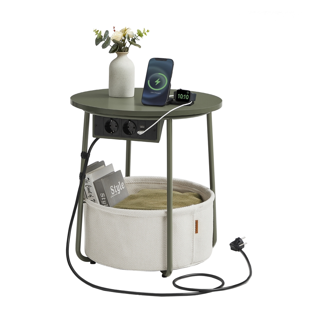 VASAGLE Beistelltisch mit Ladestation und Steckdose waldgrün-cremeweiß LET228C05