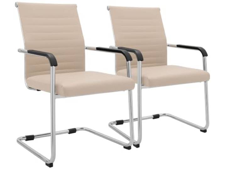 CLP Freischwinger Stühle 2er Set mit Armlehnen Hakon, Moderne Esszimmerstühle gepolstert in Lederoptik, Metallgestelle verchromt Farbe Creme