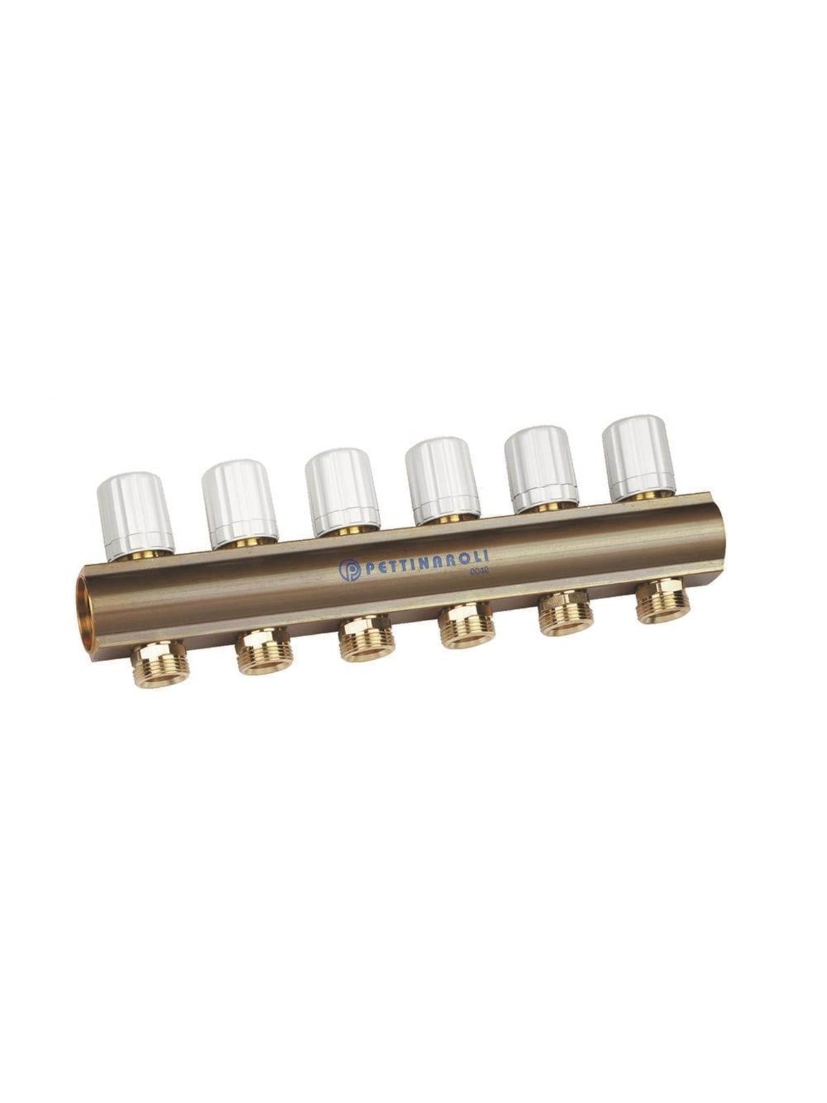 Pettinaroli Linear manifold 1x3/4/18 with thermostatic option or electrical control for return pipes compression ends without fittings 5 outlets