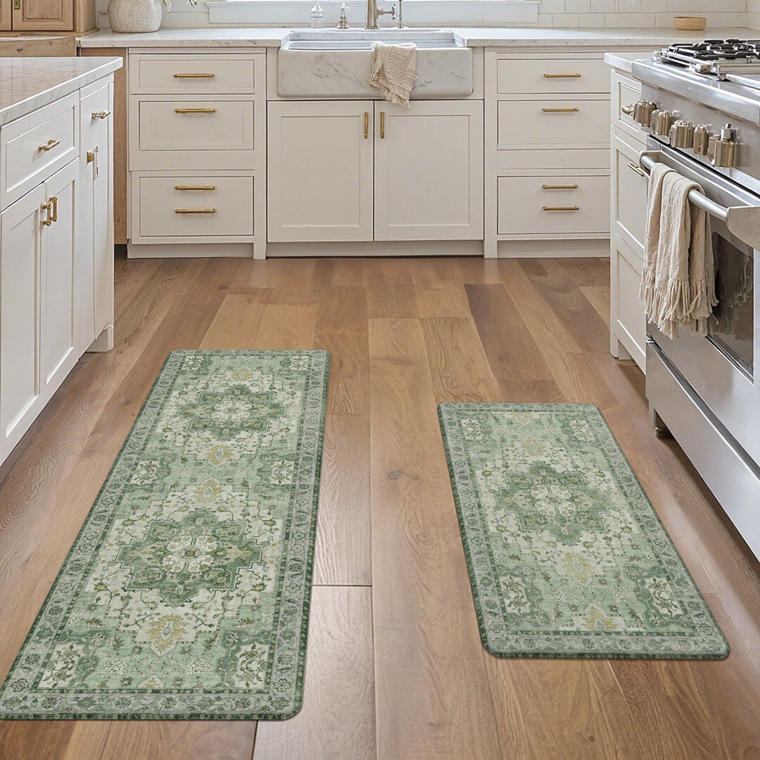 East Urban Home Comfort Rebound PVC Anti-Fatigue Kitchen Mats with Cushioned Support, Non-Skid, Water Resistant Green/Beige Runner 44cm x 150cm
