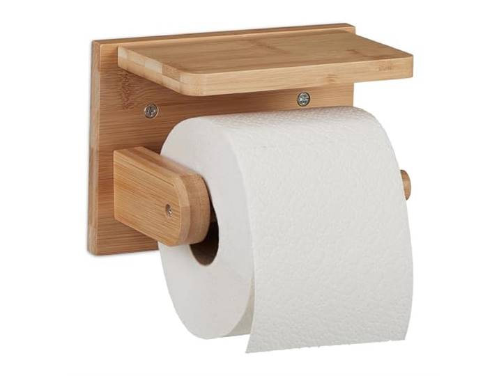 Relaxdays Dérouleur Papier Toilette avec Mini étagère\, pour Portable & lingettes\, en Bambou\, HxLxP : 12x16x10 cm\, Nature