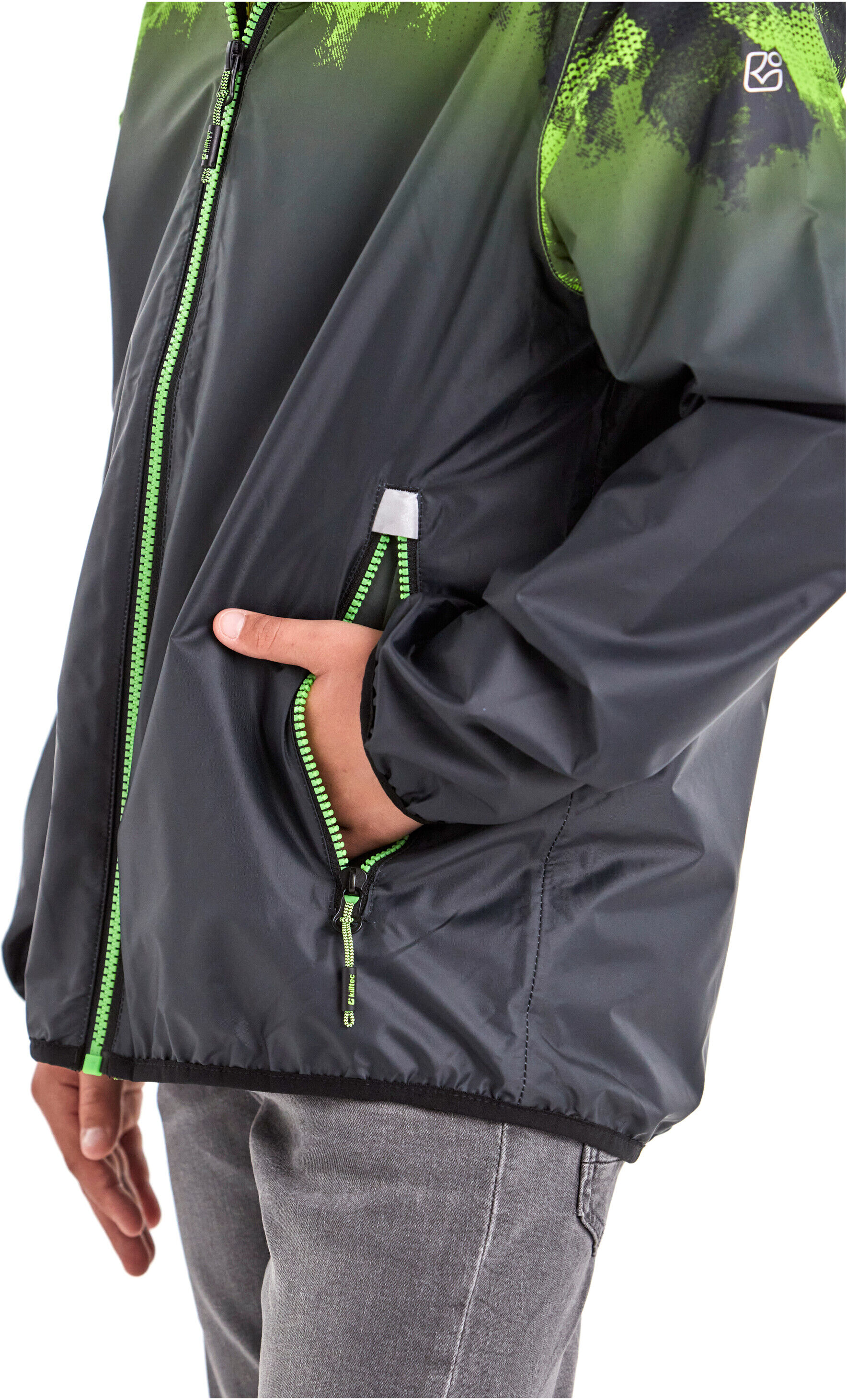 Outdoorjacke KILLTEC "Lyse BYS JCKT B", Jungen, Gr. 128, grün (neongrün), Obermaterial: 100% Polyester.Futter: 100% Polyester, Jacken Outdoorjacke, Leichte, wasserdichte Kinderjacke, klein verpackbar, cooles Muster