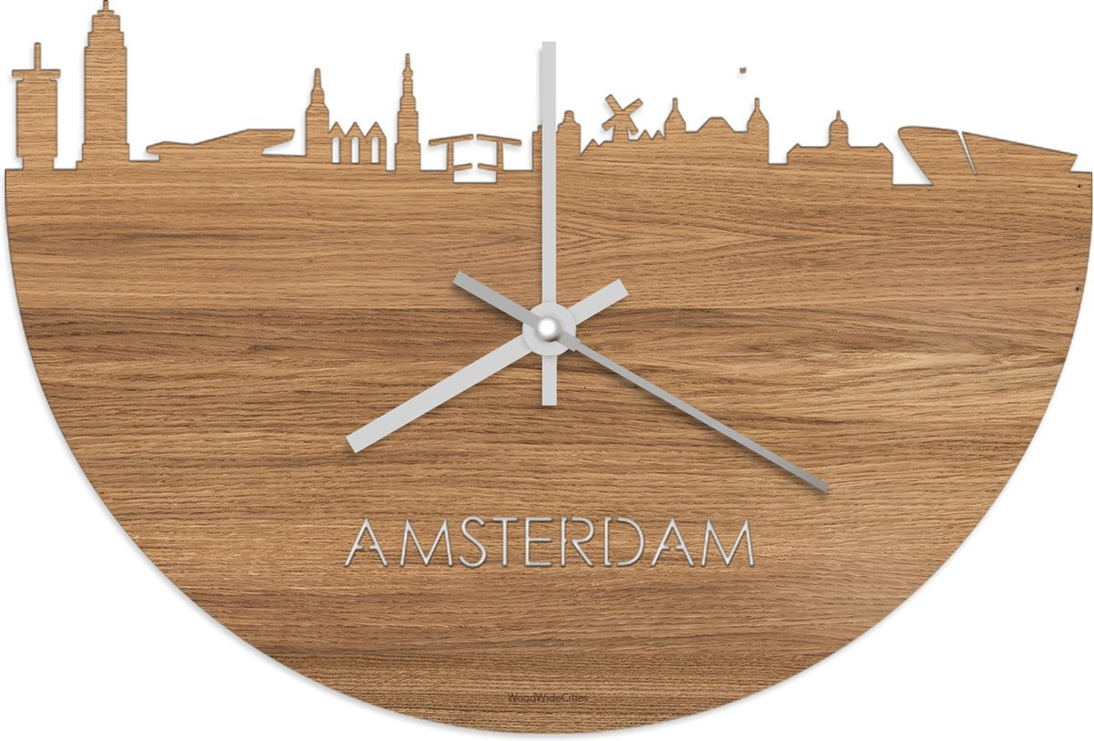 Skyline Klok Amsterdam Wanddecoratie van Eikenhout - Ø 40 cm - Stil uurwerk