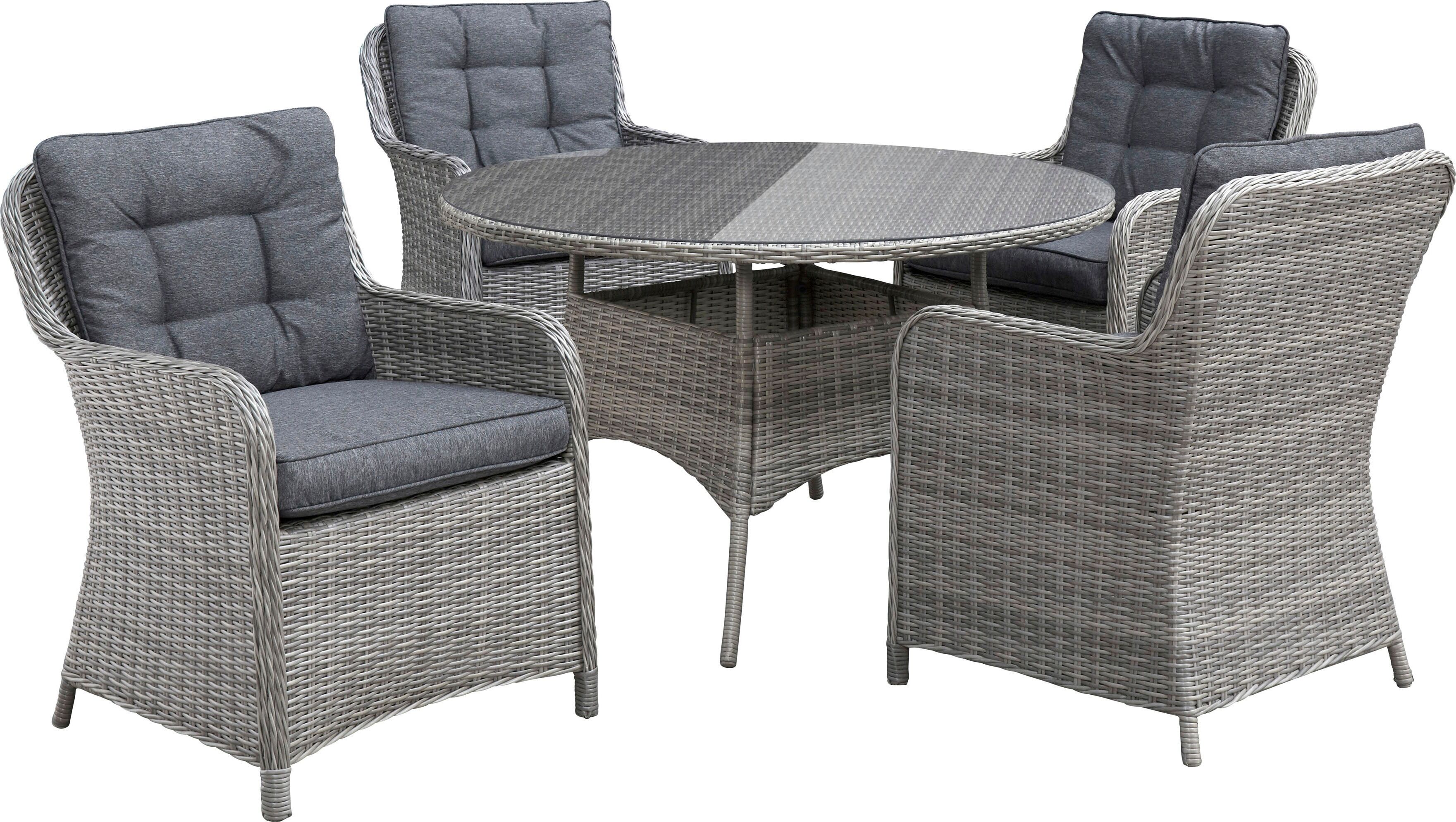 Garten-Essgruppe KONIFERA "Menorca", grau (grau, grau), Aluminium, Polyrattan, Sitzmöbel-Sets, Polyrattan, Aluminium, Tischplatte aus 5mm starkem Sicherheitsglas