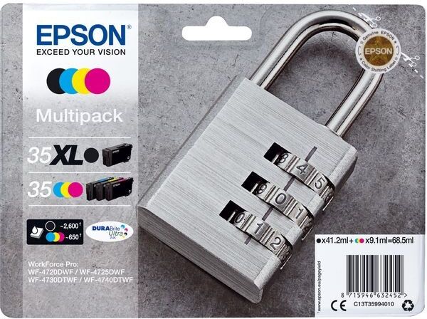 Epson 35XL Black & 35 Cyan, Magenta, Yellow Padlock Ink Cartridges Multipack (C13T35994010)