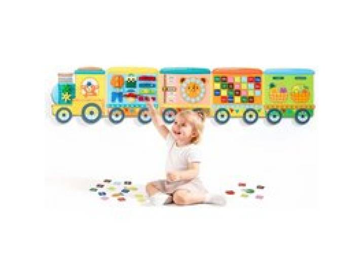 VEVOR Montessori Busy Board 14-in-1 Faltbares Wandmotorikbrett Zugthema, Aktivitätsbrett zur Bildung & Frühe Entwicklung für Kinder, Filzstoff, mit Buchstaben Früchten, Gemüse Uhr & Lernelementen