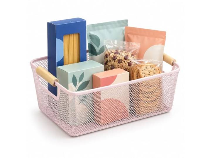 Relaxdays Panier fil métallique\, rose poignées bois\, rectangulaire\, 16\,5 x 37 x 22\,5 cm