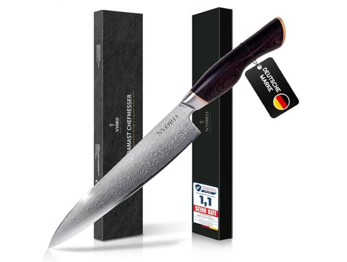 NYORD Damast Chefmesser - Kochmesser mit ultrascharfer Damastklinge, Küchenmesser mit ergonomischem Pakkaholz Griff, Messer aus 67 Lagen Damaststahl, Damastmesser mit 20 cm Klingenlänge