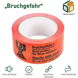 6 Rollen Rolle Klebeband PVC “Bruchgefahr“ (50 mm x 60 m) signalrot Paketband Transport Umzug Versand BB-Verpackungen