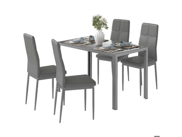 Ensemble table à manger avec 4 chaises plateau verre trempé et acier 120 x 70 x 75 cm chaises dossier haut polyuréthane gris