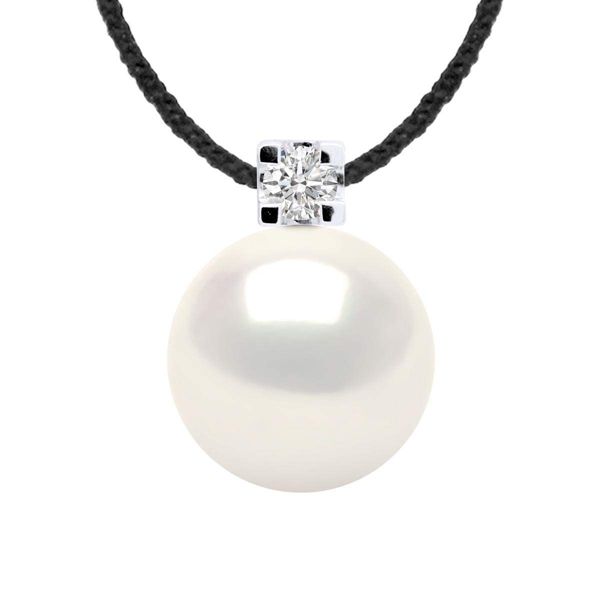 Diamond Necklace Natural 0.050 Cts en Freshwater Pearl Ronde 9-10 mm Link Nylon Black 925