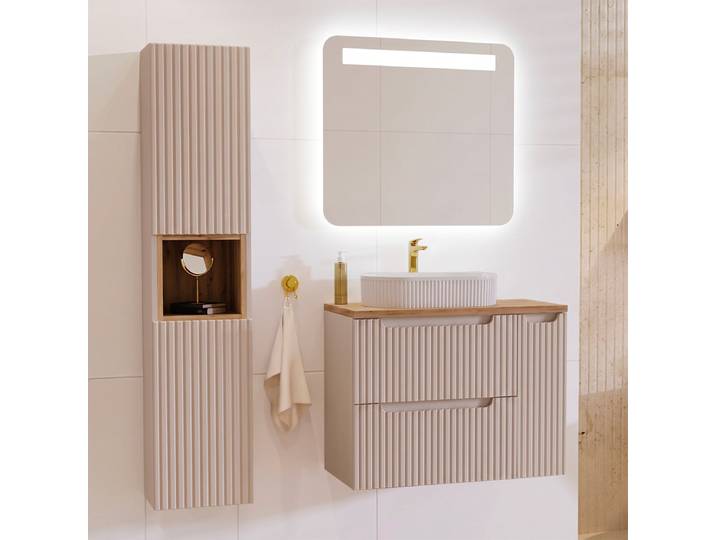 Ensemble meuble simple vasque 80cm 3 tiroirs et colonne Riva Cachemire et Bois