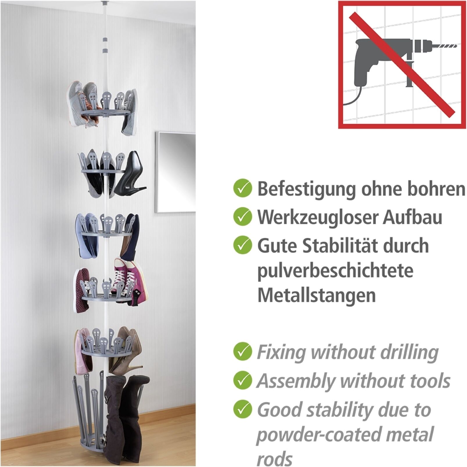 Teleskopregal WENKO "Modell Achilles", grau, B:30cm H:300cm T:30cm, Kunststoff, Metall, Regale, Teleskopregal, höhenverstellbares Stiefel- und Schuhregal, Montage ohne Bohren grau B/H/T: 30cm x 300cm x 30cm