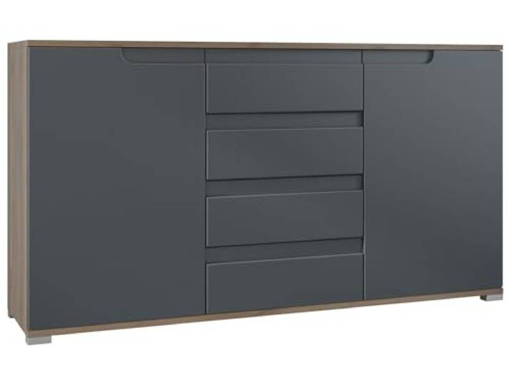 Vladon Sideboard Sylt V1, Kommode mit 2 Türen und 4 Schubladen, Korpus - Eiche Evoke/Front - Anthrazit matt/Absetzung - Anthrazit matt (138,5 x 75,5 x 35 cm)