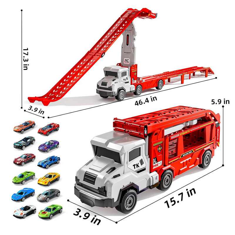 TEMI Speelgoed transporttruck met 12 die-cast auto's en opvouwbare racebaan draagtas voor kinderen
