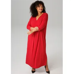 Maxikleid ANISTON PLUS, Damen, Gr. 48, N-Gr, rot, Single Jersey, Obermaterial: 95% Polyester, 5% Elasthan, leicht glänzend, unifarben, figurumspielend knöchelfrei, V-Ausschnitt, Kleider Maxikleid, mit raffinieren Seitenschlitzen