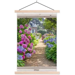 POSTER MIT MAGNETLEISTEN Hortensie - Durchsichtig - Blumen - Sommer - Lila - Weg Wandbild Schlafzimmer 60x90 cm
