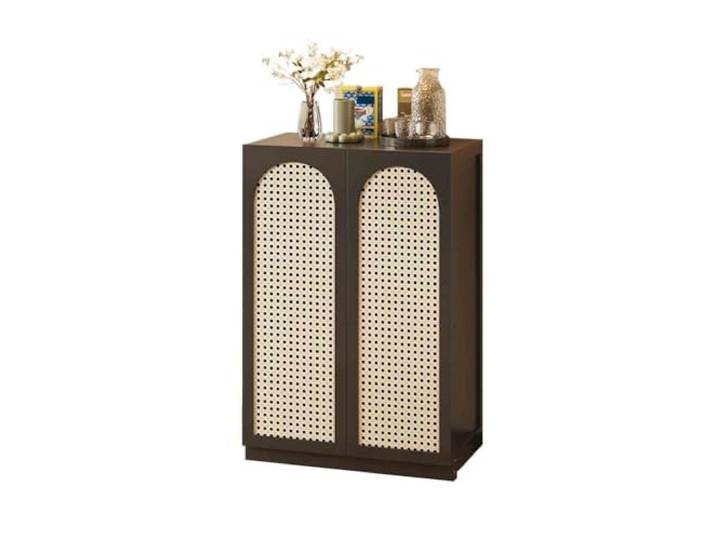 L8p2B5s7 Küchenschrank im Retro-Stil, Aufbewahrungsschrank aus Rattan, 2 Türen, Schwarz
