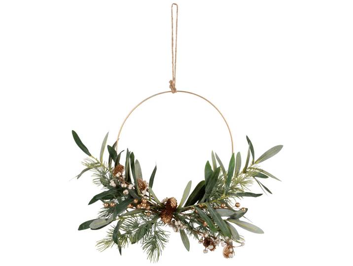 Adventskranz mit grünen und goldenen Blättern