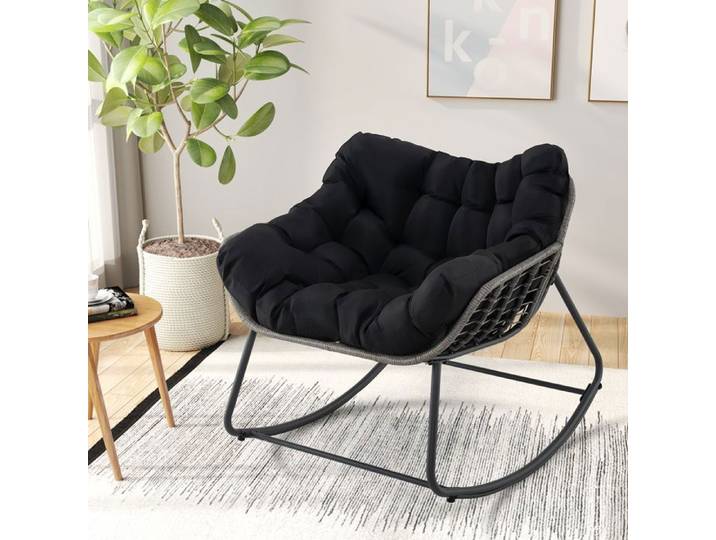 Chaise à Bascule de Jardin Extérieur COSTWAY en Osier PE Structure en Métal Coussin Amovible pour Salon Balcon Jardin Patio Noir