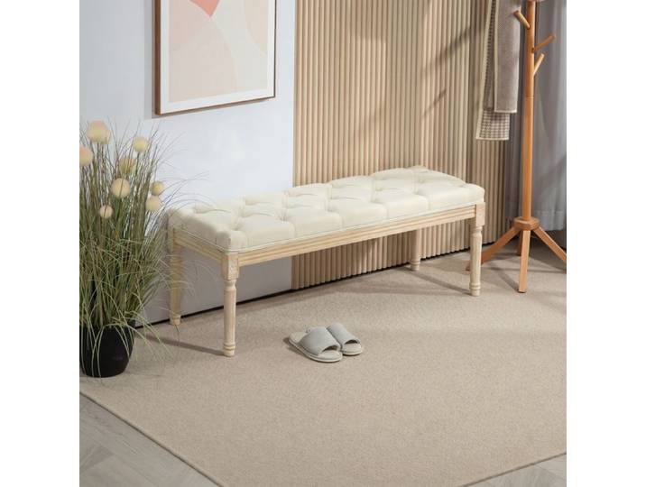 Banc Banquette classique capitonné 115cm bout de lit Rembourrée en lin - bois d'hévéa sculpté patiné - crème