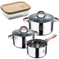 BERGNER - 5-teiliges Kochgeschirr-Set Ø16/18/20cm aus Edelstahl, geeignet für Induktionsherde, mit 650 ml luftdichtem Behälter aus Borosilikatglas.