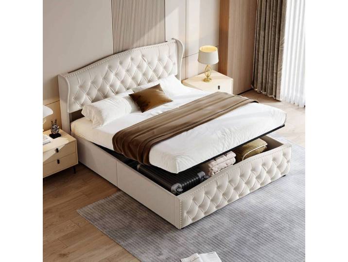 Lit coffre - ADWOLT - 160x200 cm - Velours beige - 2 places - Design contemporain