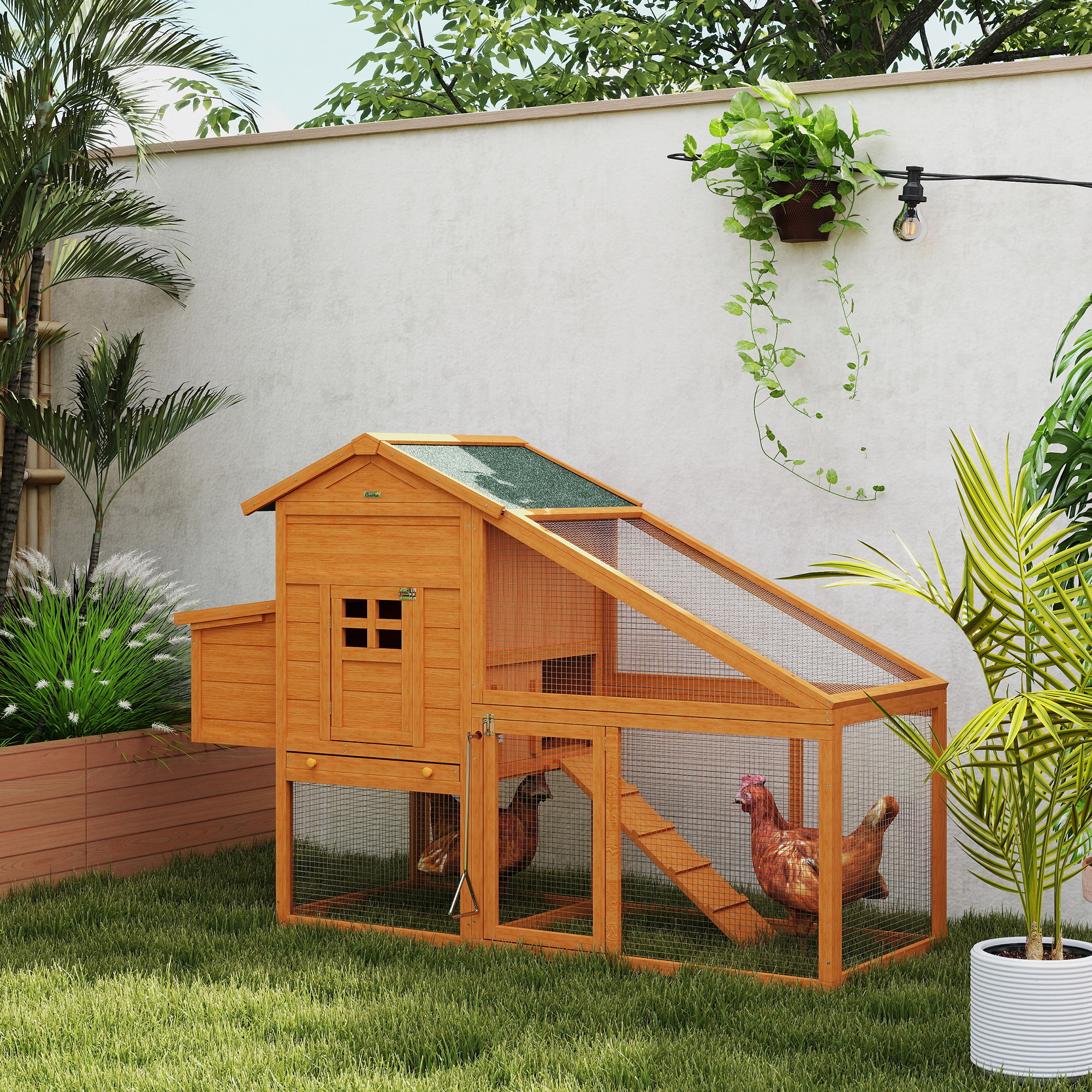 Pawhut Pollaio da Giardino per 1-2 Galline con Area per Cova, Casetta e Spazio Aperto, in Legno e Metallo, 179x67x115 cm