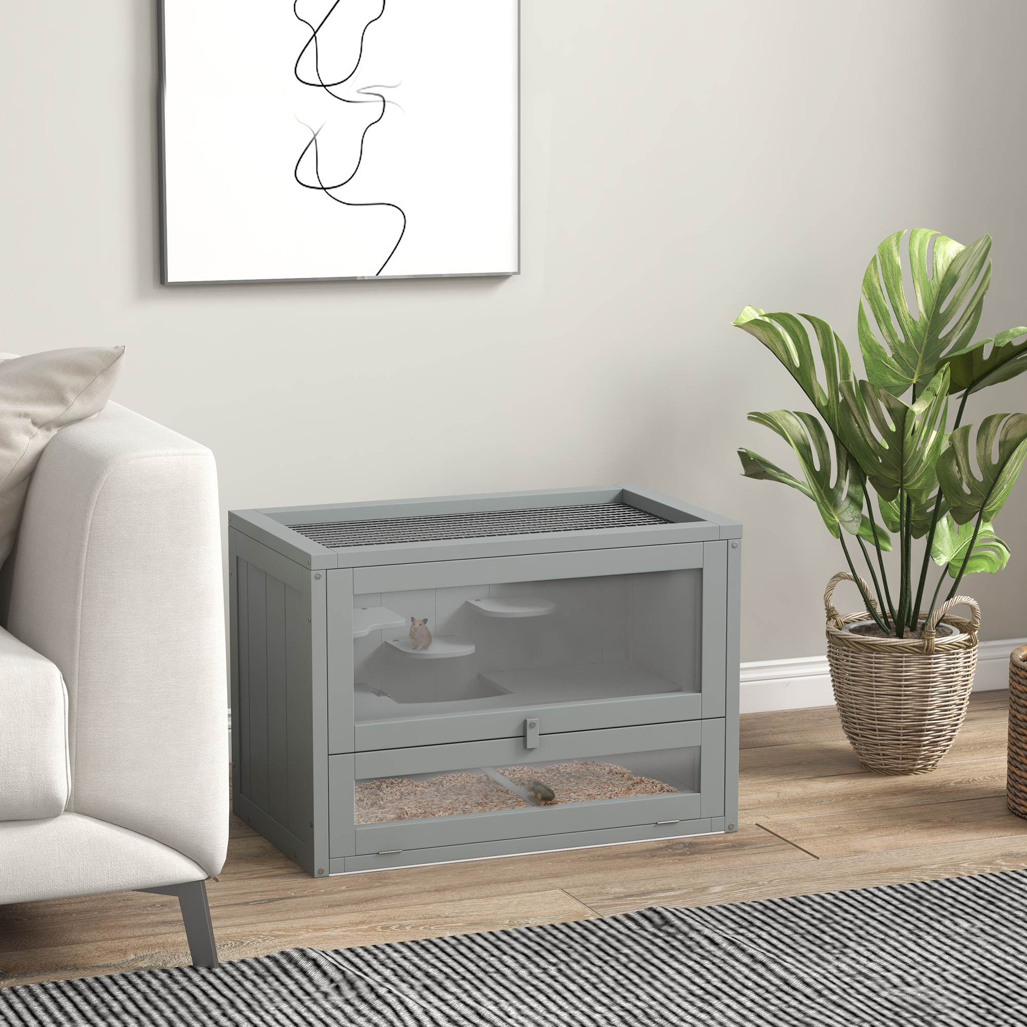 Pawhut Gabbia per criceti topi piccoli roditori multi-accessori rampa piattaforme tetto apribile griglia 60 x 35 x 42 cm grigio