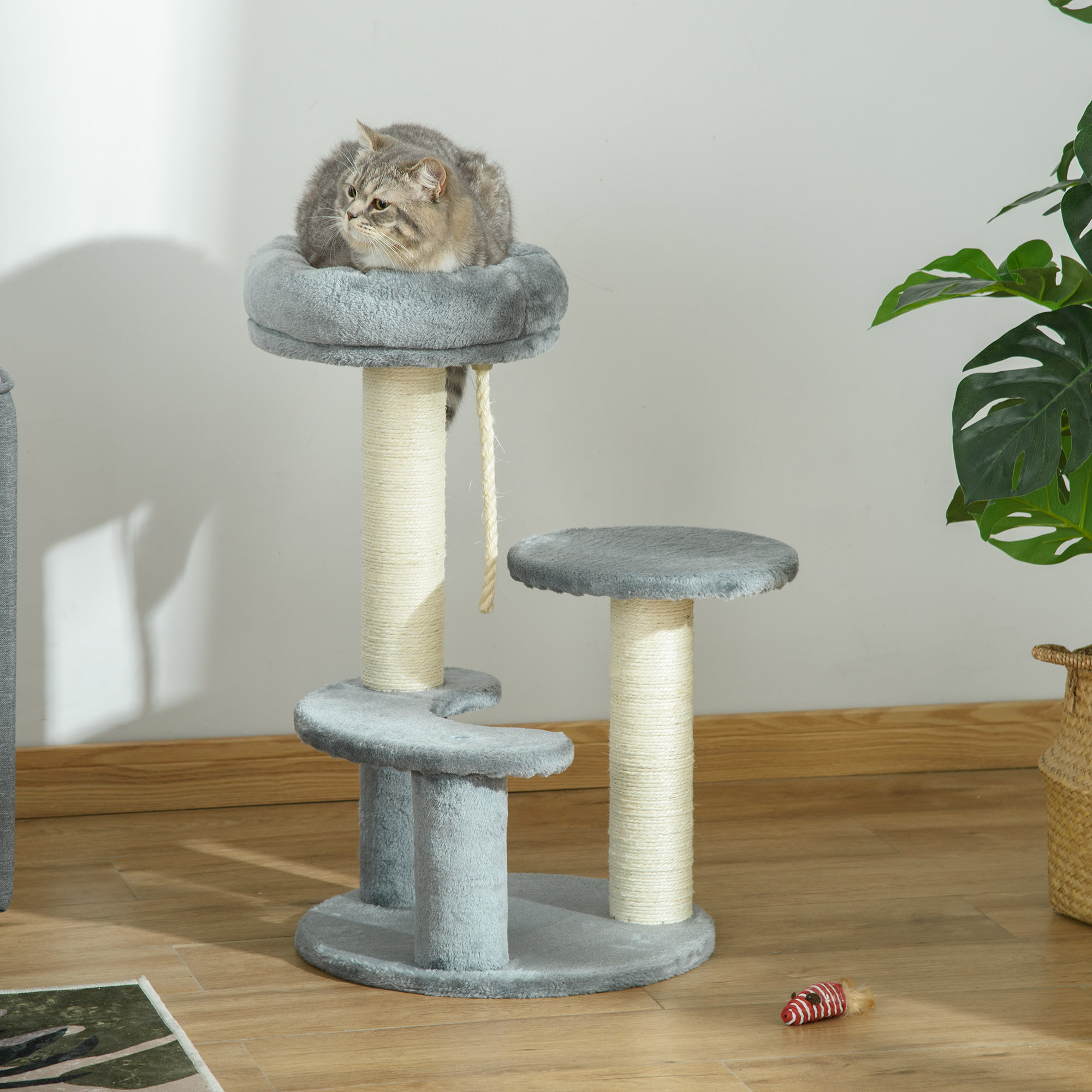 Pawhut Albero Tiragraffi per Gatto a 3 Livelli in Peluche Sisal Naturale Grigio Diametro 40x65cm Aosom