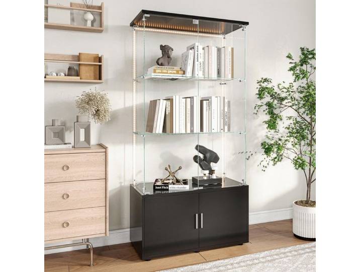 Vitrine en verre avec LED 4 étagères avec 4 portes Vitrine moderne en verre trempé 78x35x164cm Noir