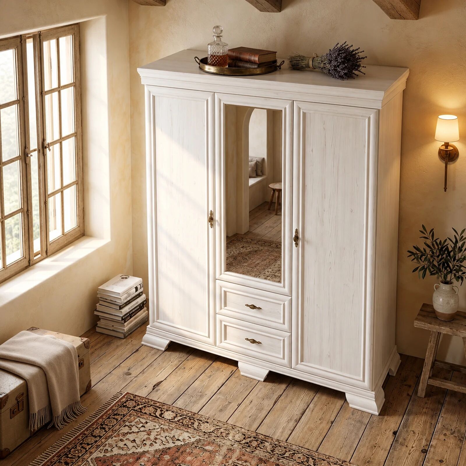 garneroarredamenti Armadio 158x193h cm 3 ante con specchio 2 cassetti shabby bianco frassinato Kelly