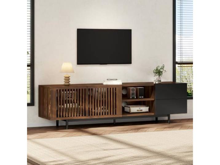 Crlnaup Fernsehtisch 160 cm, TV‑Schrank aus MDF‑Holz mit Lamellentüren, Schubladen & offenen Fächern, TV‑Lowboard im Walnuss‑Schwarz‑Design für Wohnzimmer