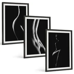 BILDER SET 3er Set - 40x60 cm Schwarzer Rahmen - Schwarz-weiße weibliche Silhouetten