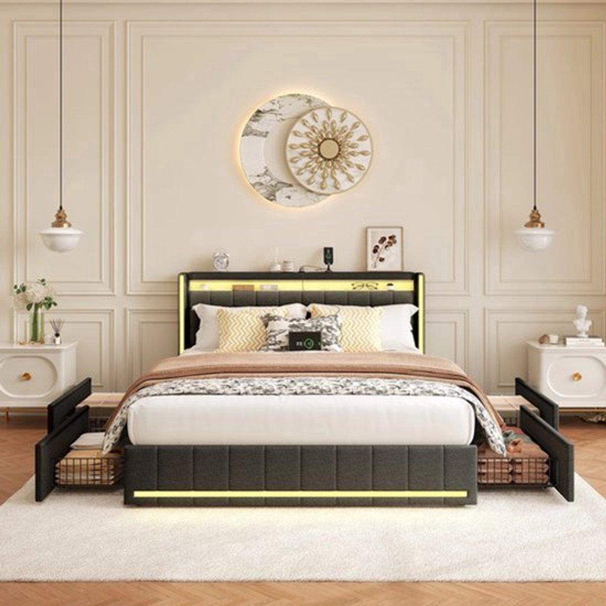 Doppelbett mit Stauraum und vier Schubladen - 140x200 cm - Bezug aus Leinenstoff - Lattenrost