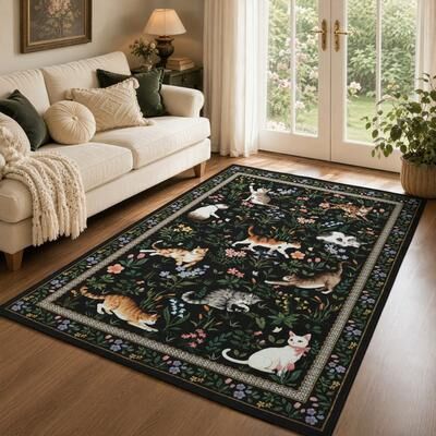 BLUEBELL Cute Cat Floral Runner Rug Non-Slip Washable Soft Low-Pile Carpet