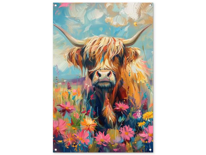 OnlyWow Gartenposter - Schottische Hochländer - Natur - Farbenfroh - Blumen - 80x120 cm, Hellblau, Kunststoff, Rechteckig, 80x120x0.2 cm, Bilder & Rahmen, Bilder, Wandbilder
