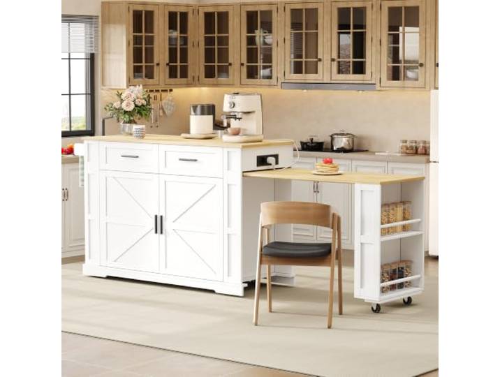 Merax Kücheninsel Freistehend mit Scheunentor-Design & Ausziehbare Arbeitsplatte, Küchenschrank mit Rollen & Verstellbarem Einlegeboden & USB, Küchenwagen mit Schubladen, 205cm, Weiß